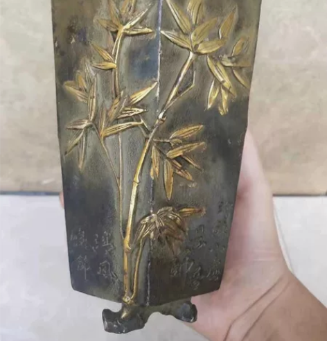 老铜鎏金笔筒  松竹梅笔筒 国外回流老铜鎏...