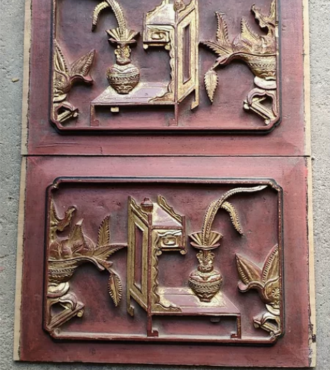 精品清代鎏金博古花板一对，工艺品相一流，略...