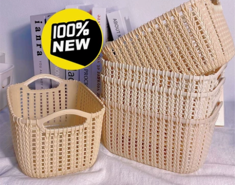 全新3个仿藤编桌面塑料收纳篮卧室收纳篮子零...