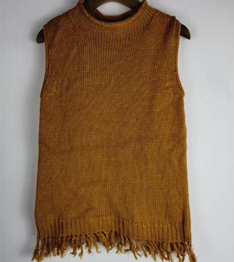 全新纯棉女士卷领小背心，姜黄色底边手工穿穗...