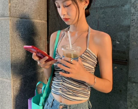 女夏短款条纹外穿吊带上衣无袖豹纹性感辣妹甜...