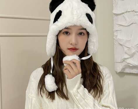 新款全新秋冬毛绒帽时尚可爱小熊猫耳朵帽子女...