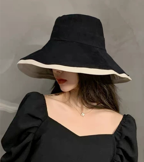 显脸小黑色米色双面可戴渔夫帽女夏季防晒帽女...