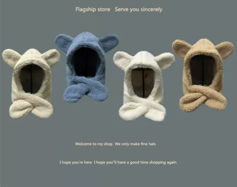 帽子围巾一体女冬天毛绒围脖韩版可爱耳朵护耳...