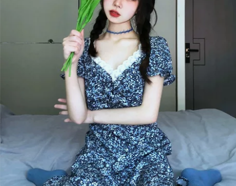 法式复古碎花蕾丝拼接短袖连衣裙女夏季韩版B...