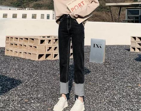 牛仔裤女2022年新款高腰显瘦韩版撞色卷边...