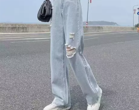 破洞高腰牛仔裤女夏季薄款直筒宽松新款显瘦阔...