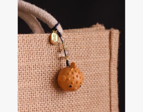 檀香木雕圆滚滚河豚手机挂绳复古个性U盘挂饰...