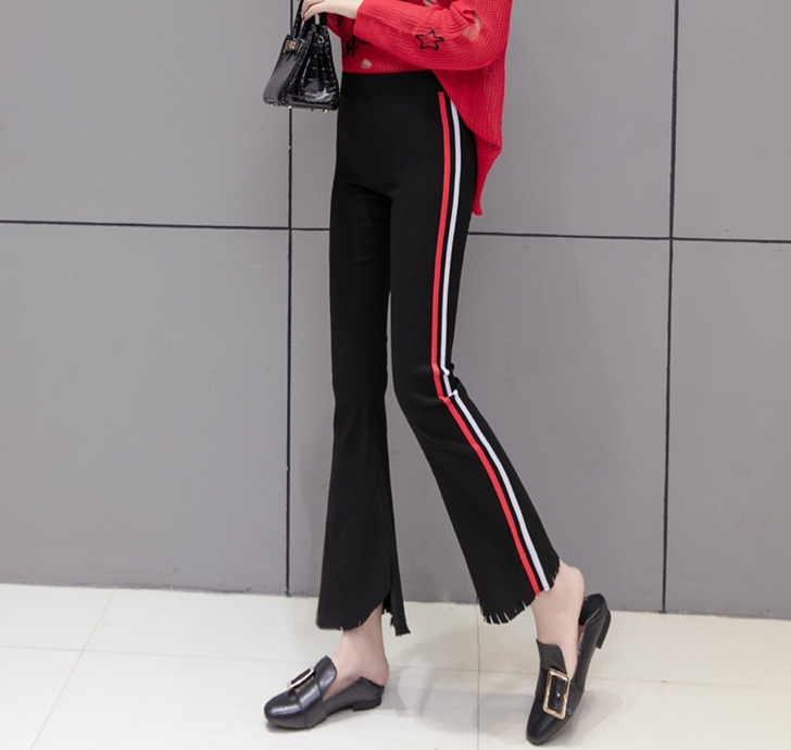 全新高腰撞色喇叭裤女 微喇裤显瘦修身侧条纹...