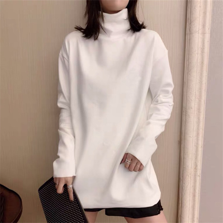 加绒加厚高领打底衫女秋冬宽松百搭中长款磨毛...