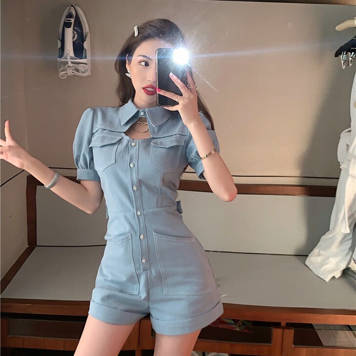 浅蓝色休闲连体裤女夏季薄款高腰阔腿短裤20...