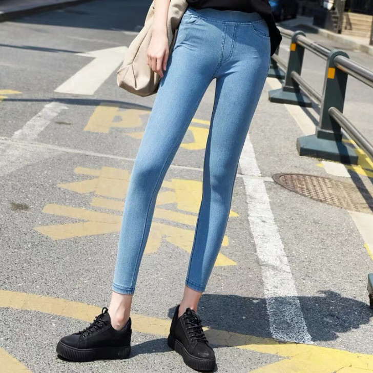 软牛仔裤女高腰2019松紧腰仿弹力九分长裤...