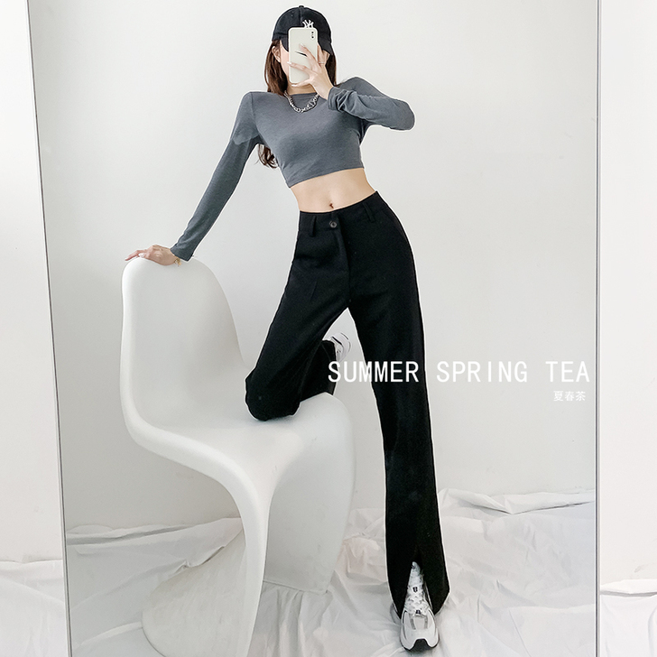 夏春茶黑色开叉西装裤女高腰直筒裤宽松垂感休...