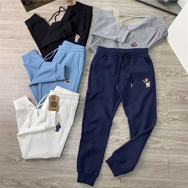 秋冬季长裤男华夫格面料刺绣小熊宽松加绒加厚...