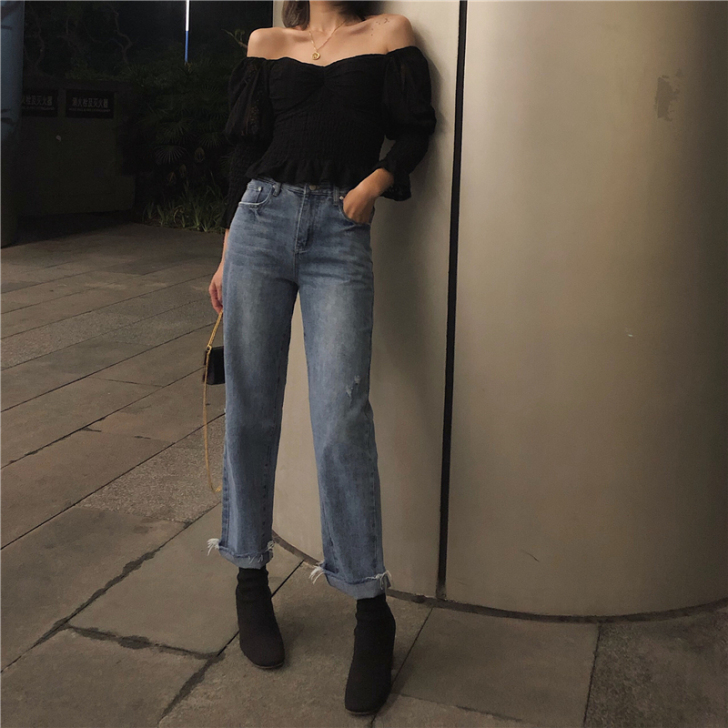 LWITHC 直筒牛仔裤女宽松浅色百搭显瘦...