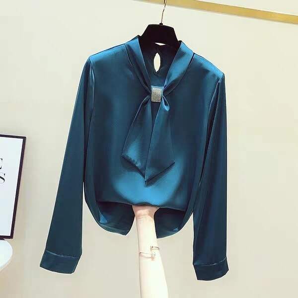 春秋新款长袖雪纺衫女V领系带高档气质上衣镶...