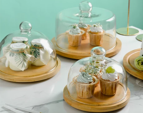 透明玻璃罩甜品盘木质旋转蛋糕展示托盘面包水...