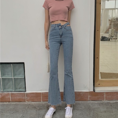 扑啦啦简约韩风设计感高腰显瘦牛仔裤女夏休闲...