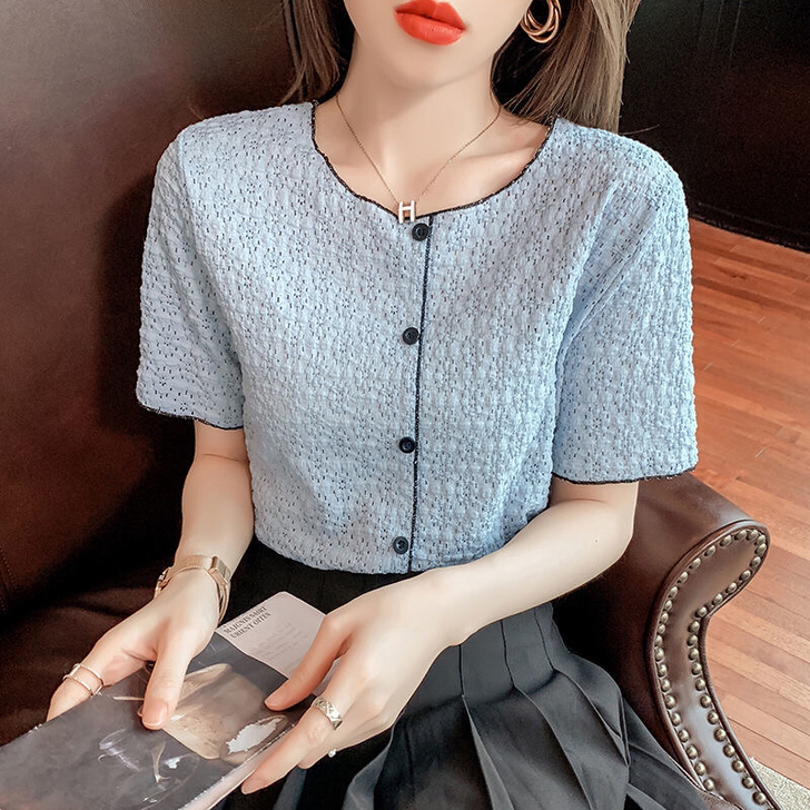 【高品质】简约撞色洋气镂空蕾丝衫2021爆...