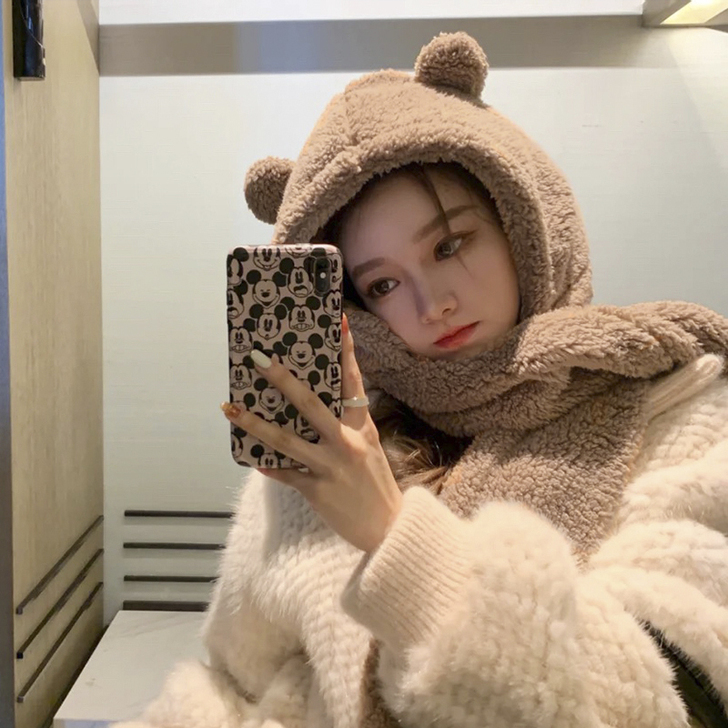 小熊耳朵围巾一体帽子女jennie同款秋冬...