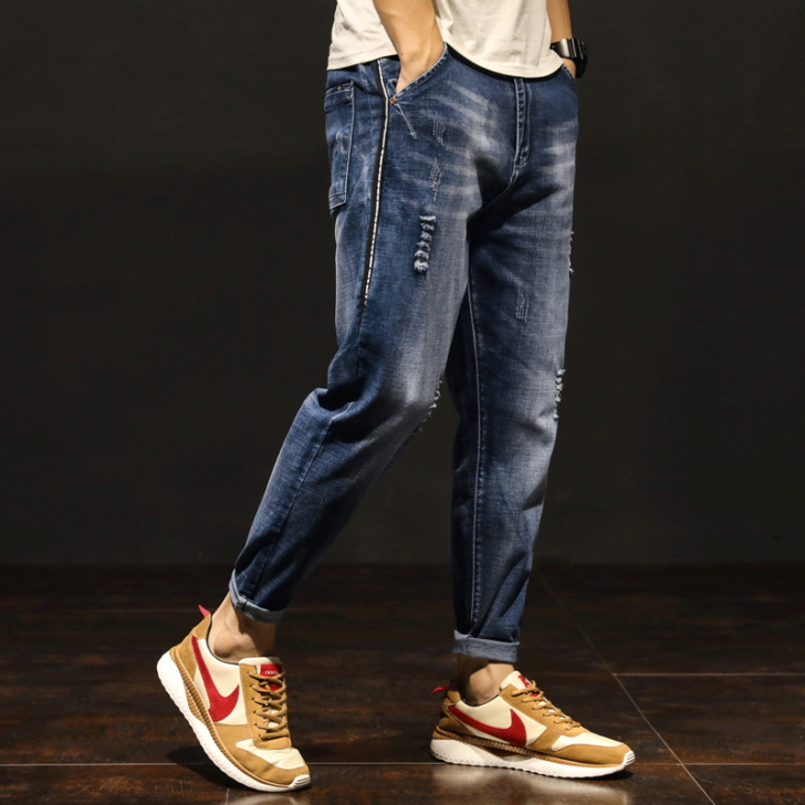 夏季破洞牛仔裤男宽松薄款夏天弹力加大码小脚...