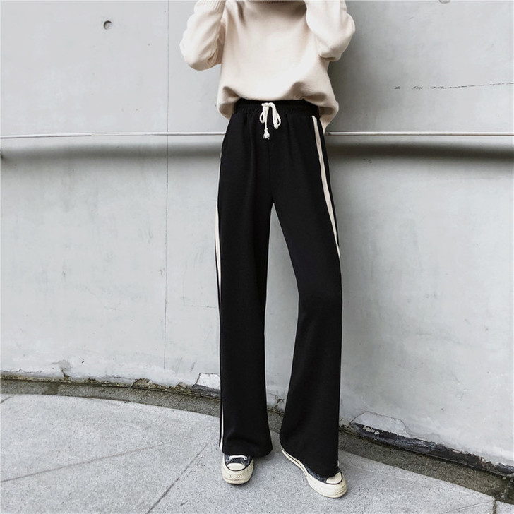 秋冬韩版撞色阔腿裤休闲裤长裤2018新款学...