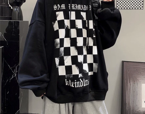 清卫衣男春秋连帽高街潮牌宽松棋盘格衣服秋季...