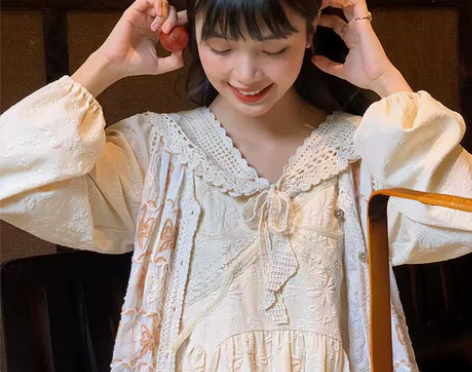 芝士日秋日私语日系棉麻连衣裙甜美泡泡袖针织...