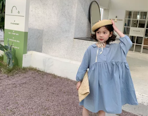 茉蕊女童海军风宽松暗纹气质里连衣裙文艺儿童...