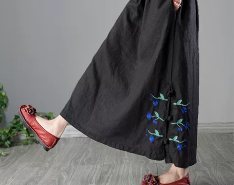 春夏新款文艺民族风刺绣盘扣半身裙复古亚麻长...