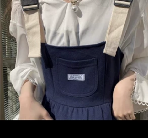 日系学院风背带裙设计感收腰过膝裙子春季小个...