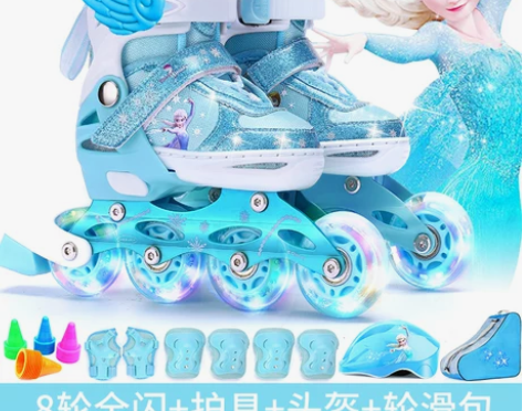 迪士尼溜冰鞋儿童全套装女童旱冰滑冰专业轮滑...