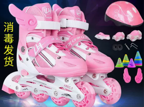 直排溜冰鞋儿童可调男童女童闪光轮滑鞋全套旱...