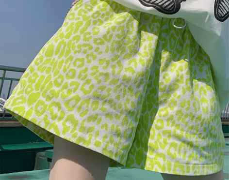 韩国2021夏新款时尚个性荧光绿色豹纹牛仔...