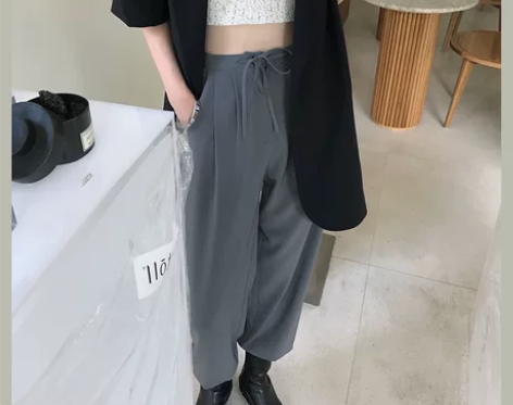 松紧腰女士阔腿裤夏季薄款高腰垂感灰色裤子女...