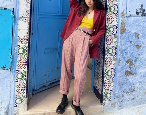 【清仓商品不退不换】粉色剪裁休闲西装裤女条...