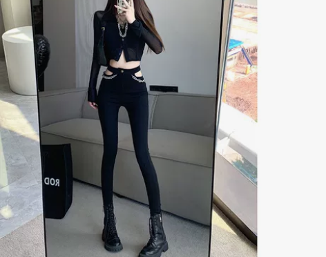 黑色链条侧镂空露腰铅笔裤女性感高腰显瘦休闲...