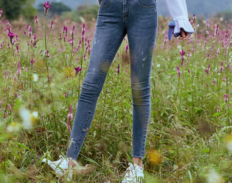 ?三彩春季新款  网红高腰毛边小脚裤修身牛...