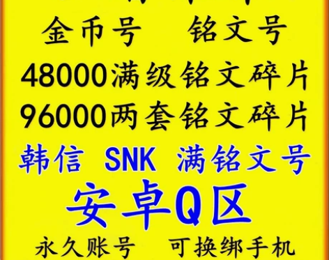 安卓苹果Q区金币号铭文号/满级满铭文/韩信...