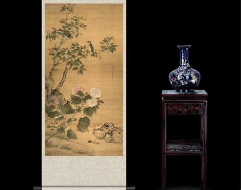 马荃白头荣贵仙鹤图三阳开泰花鸟画丝绸画卷轴...