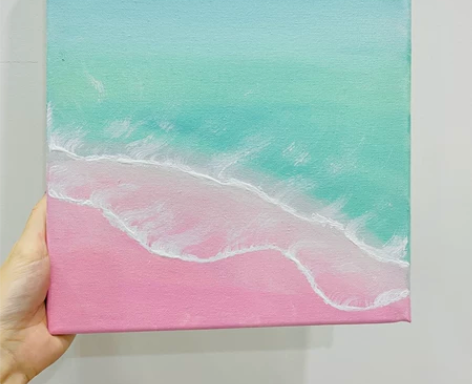 马卡龙色系粉色沙滩丙烯画 装饰画成品 手绘...