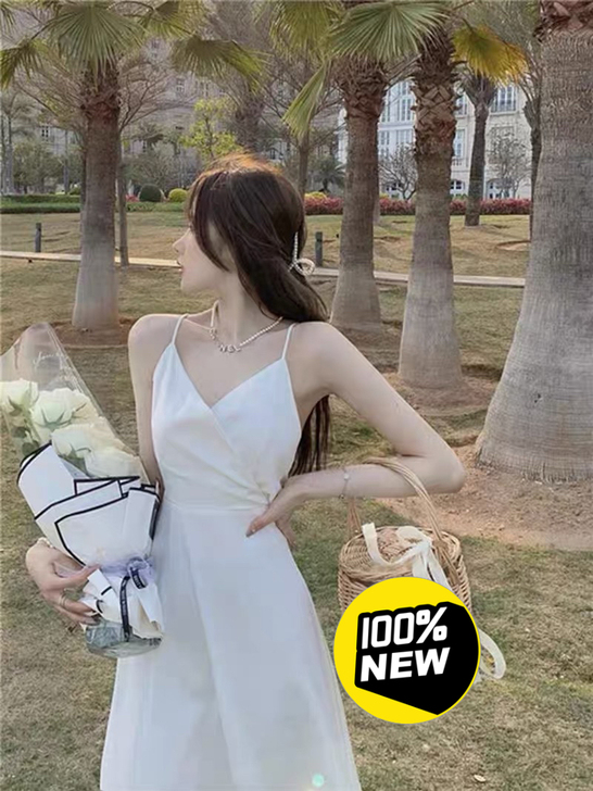 法式白色收腰连衣裙女2021新款春吊带裙炸...