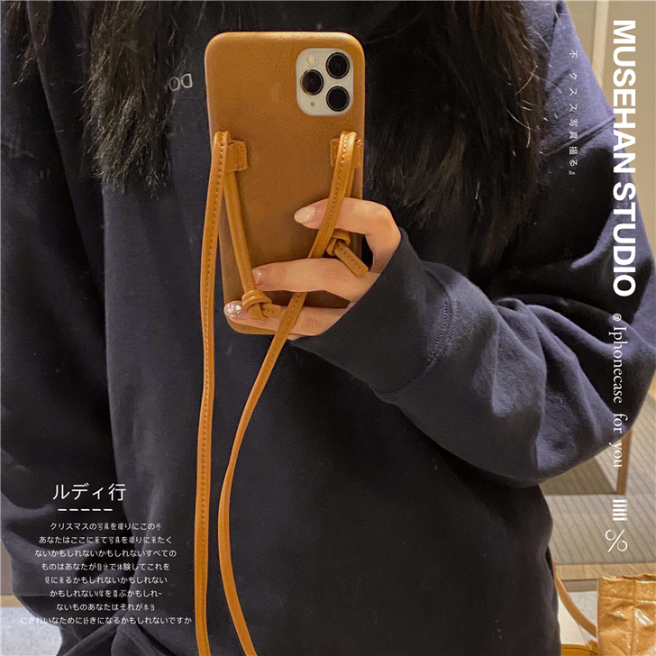 挂绳棕皮质斜挎适用iPhone12/XS/...