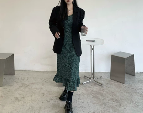 黑泽玄七微胖mm中长款法式气质显瘦绿色豹纹...