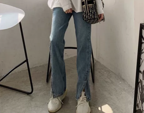 复古开叉牛仔裤女秋季设计感小众高腰直筒裤小...