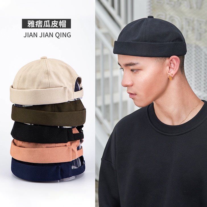 无檐瓜皮帽男潮牌地主帽复古纯色圆顶港风帽子...