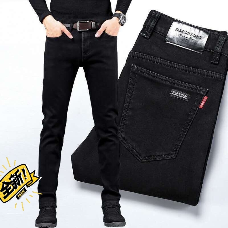 2021春夏款纯黑色弹力牛仔裤男直筒宽松商...