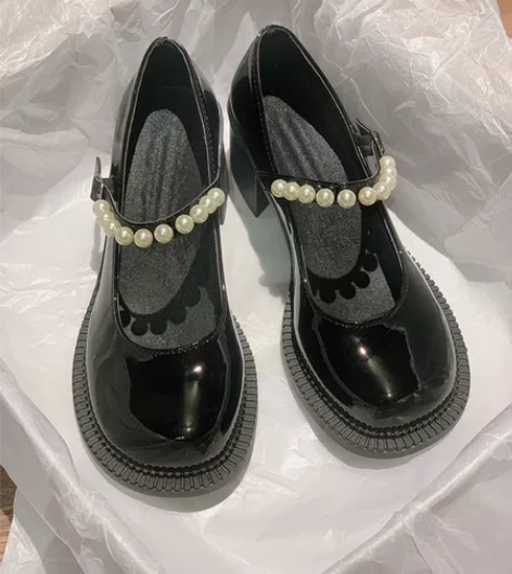 仙女风单鞋女2022年春季新款珍珠粗跟防滑...