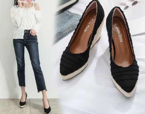 坡跟鞋女秋季2022新款百搭浅口时尚尖头单...