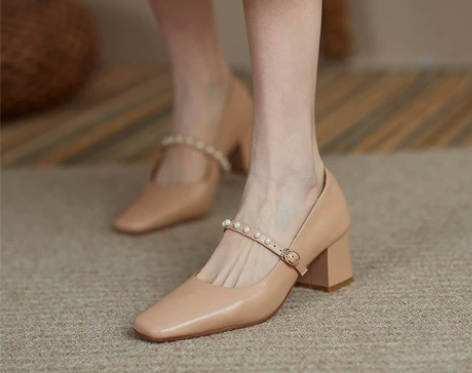 ?鹿与奈良气质文艺淑女真皮百搭珍珠方头浅口...